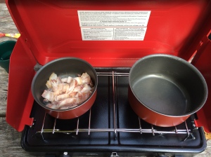 Bacon chunks in the pot on the two-burner stove